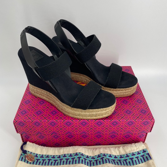 Tory Burch Shoes - Black Tory Burch Two-Band Wedge Slingback